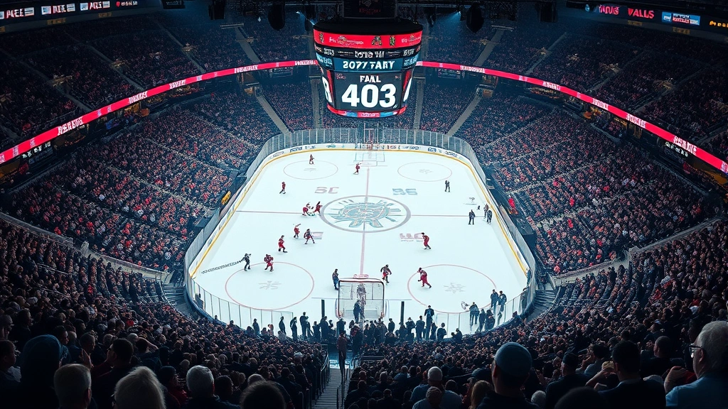 Packed hockey arena crowd celebrating goal, thousands of fans cheering, overhead view showing full rink and stands, photorealistic stadium atmosphere, no text or graphics visible
