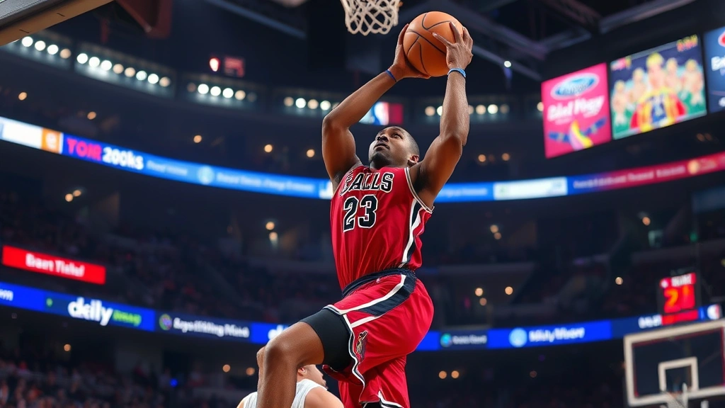 Professional NBA basketball player mid-jump shot during intense game action, arena lights blurred in background, sweat visible, dynamic motion captured