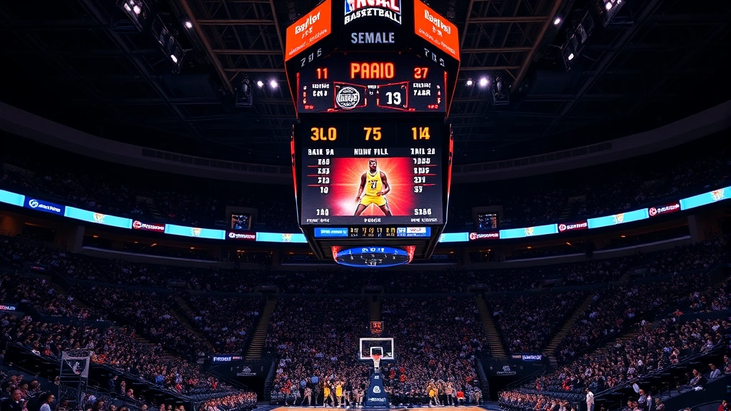 Basketball scoreboard displaying game clock and quarter information, arena seating filled with fans, professional stadium atmosphere, wide angle shot