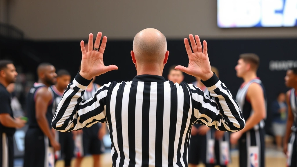 NBA referee making a timeout call gesture with both hands, players standing on court waiting, clear view of official in black and white striped shirt