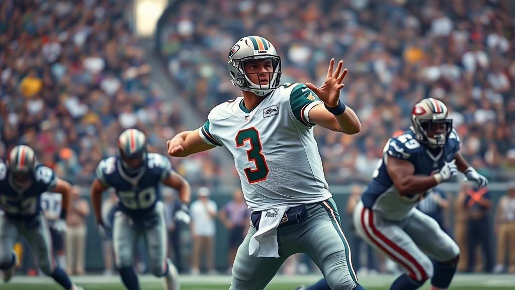 Professional NFL quarterback in action mid-throw during a stadium game, defensive players rushing, crowd blurred in background, dynamic athletic moment, photorealistic sports photography