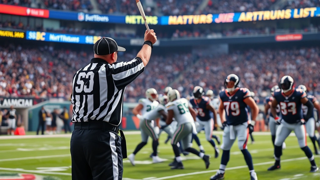 NFL referee throwing penalty flag during live game action, players in formation, stadium crowd visible, intense competitive moment, professional sports broadcast quality