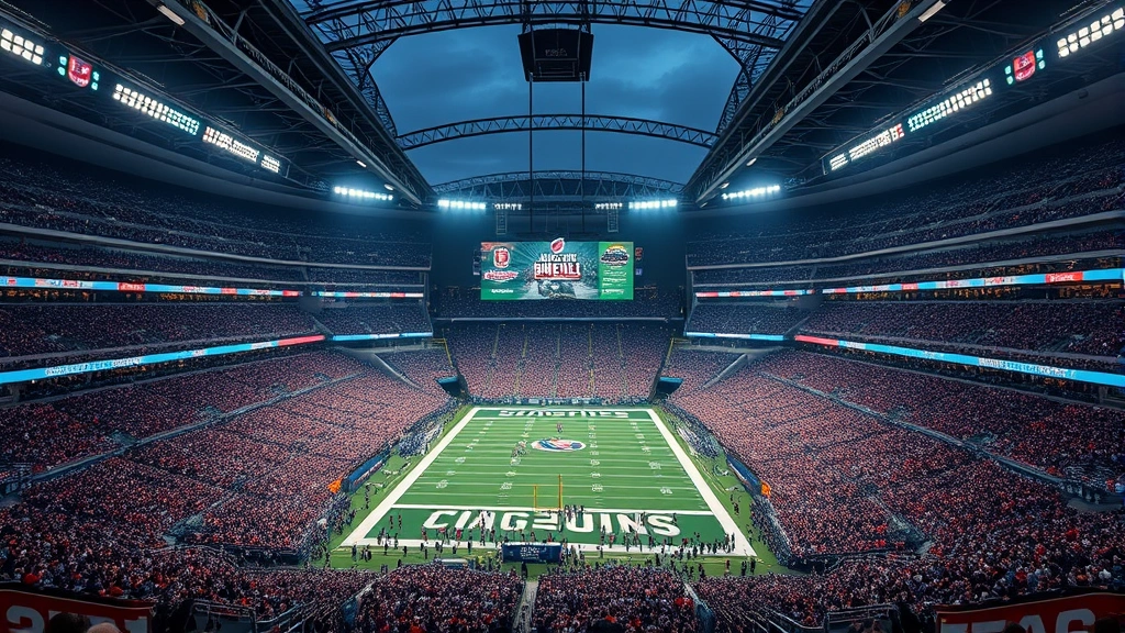 Super Bowl stadium filled with fans during championship game, massive scoreboard displaying game information, dramatic evening lighting, packed arena atmosphere, photorealistic sports venue