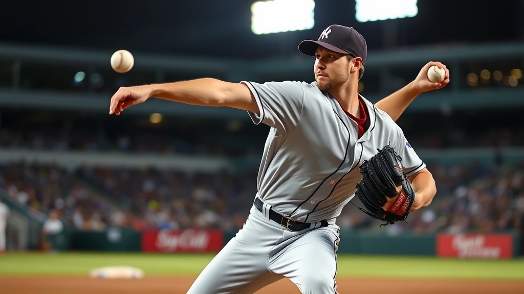 Professional baseball pitcher mid-delivery throwing fastball with intense focus, stadium lights in background, photorealistic action shot