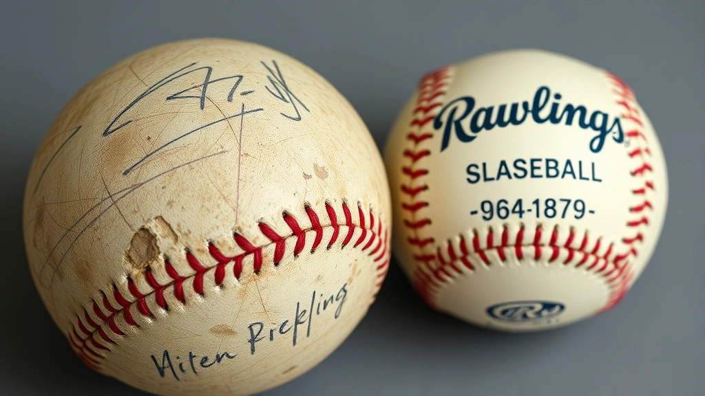 Close-up of damaged worn baseball leather with visible scuffs and dirt marks next to pristine new official Rawlings baseball for comparison
