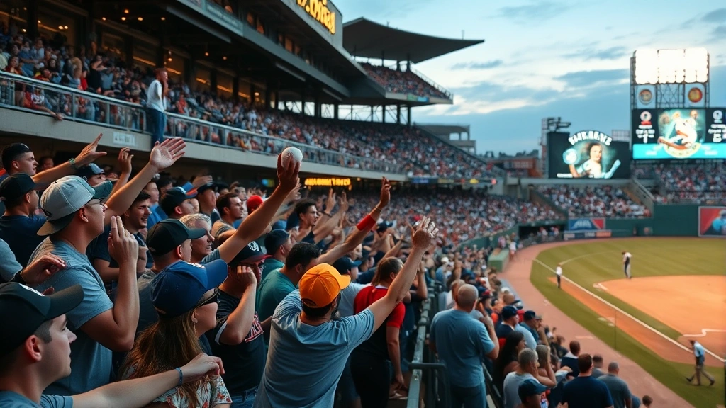 Baseball stadium crowd scene with fans celebrating catching foul ball in stands, excited expressions, evening game lighting