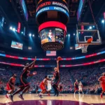 Professional NBA basketball game in full arena with crowds, players mid-action during intense competition, dynamic lighting and energy, photorealistic high-quality sports photography