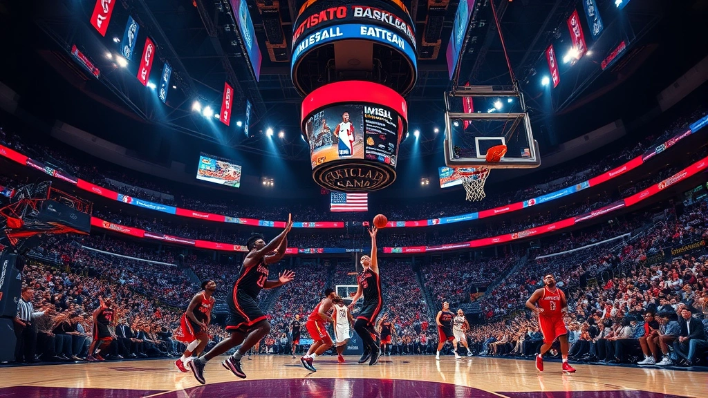 Professional NBA basketball game in full arena with crowds, players mid-action during intense competition, dynamic lighting and energy, photorealistic high-quality sports photography