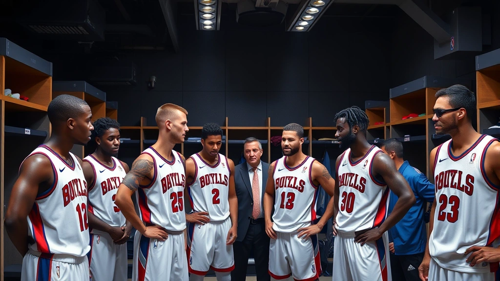 NBA team locker room with players in uniforms discussing strategy with coaching staff, modern professional sports facility, serious competitive atmosphere, realistic lighting