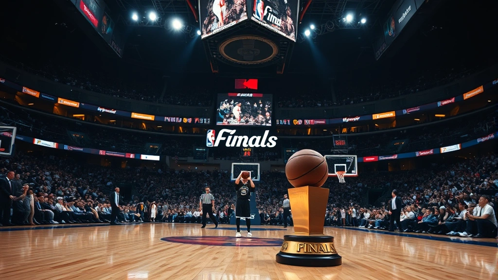 NBA Finals championship court with championship trophy visible courtside, intense playoff basketball game action, packed arena with dramatic lighting, professional sports photography