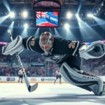 Professional hockey goalie in action during intense playoff game, diving to make save, dramatic arena lighting with blurred crowd in background