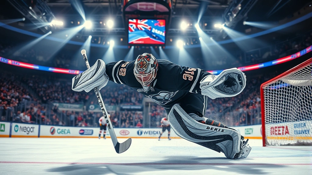 Professional hockey goalie in action during intense playoff game, diving to make save, dramatic arena lighting with blurred crowd in background