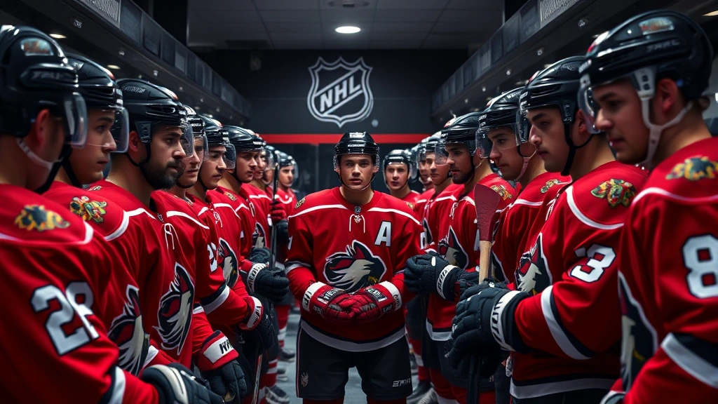NHL team roster in locker room before game, players in full gear preparing mentally, intense focused expressions, professional hockey environment