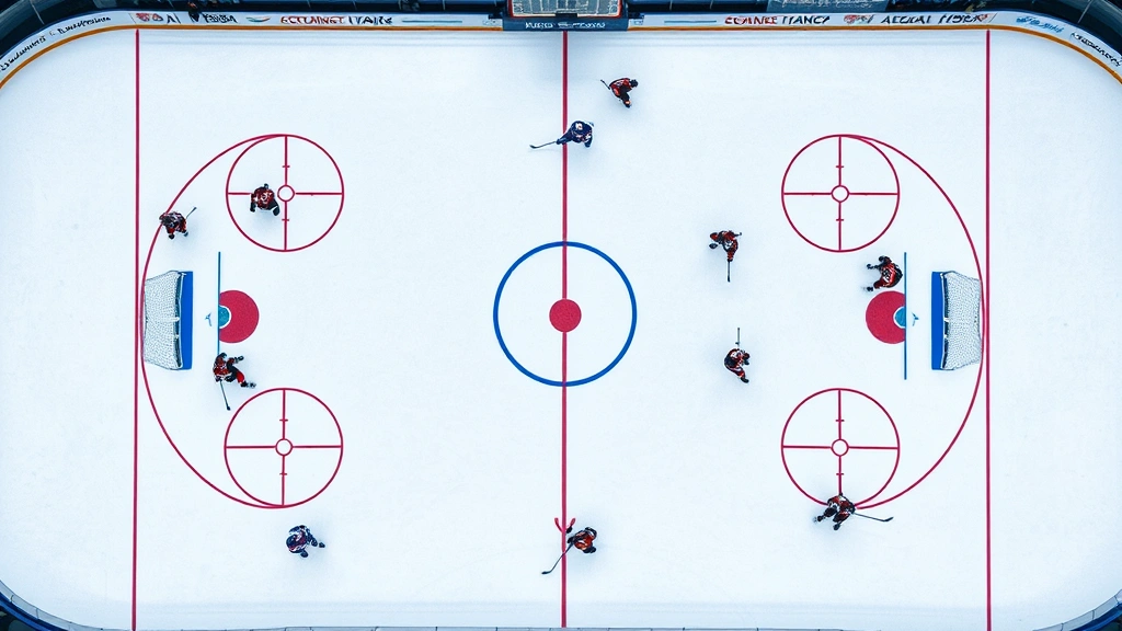 Overhead view of hockey rink during game with players positioned around ice, showing tactical formation and game flow in motion