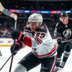 Professional hockey players on ice during intense third-period action, sweat visible, competitive energy, arena lights reflecting off ice surface, dynamic movement captured mid-play