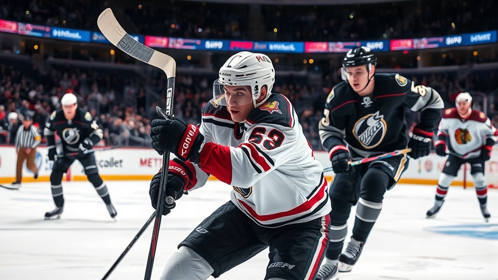 Professional hockey players on ice during intense third-period action, sweat visible, competitive energy, arena lights reflecting off ice surface, dynamic movement captured mid-play