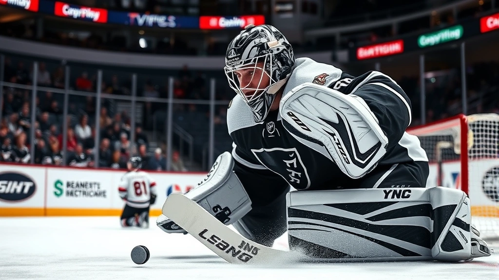 Hockey goaltender in full gear making dramatic save, puck inches from net, intense focus expression, arena crowd blurred in background, professional NHL-style equipment