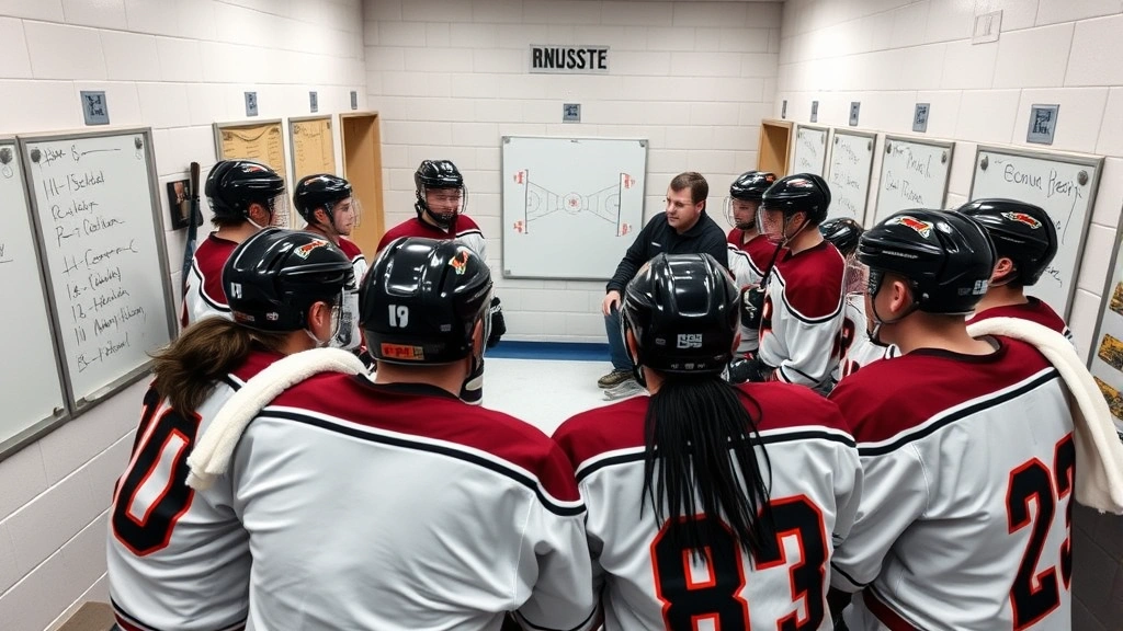 Hockey team huddle during intermission break in locker room, players listening to coach's strategy, whiteboards visible with plays, water bottles and towels, professional coaching moment