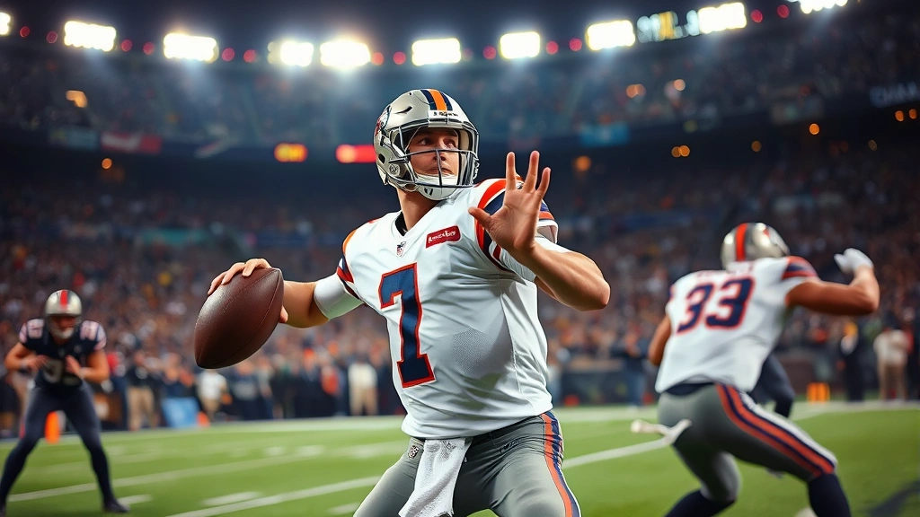 Professional football quarterback in action during intense fourth quarter moment, stadium lights bright, focused expression, mid-throw on the field with defenders nearby