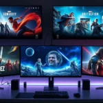 A gaming setup with multiple monitors displaying streaming services and entertainment platforms, showing the contrast between different entertainment properties and universes, photorealistic, no text