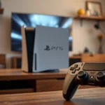 PlayStation 5 console sitting on entertainment center with controller in foreground, warm living room lighting, family-friendly gaming setup, photorealistic