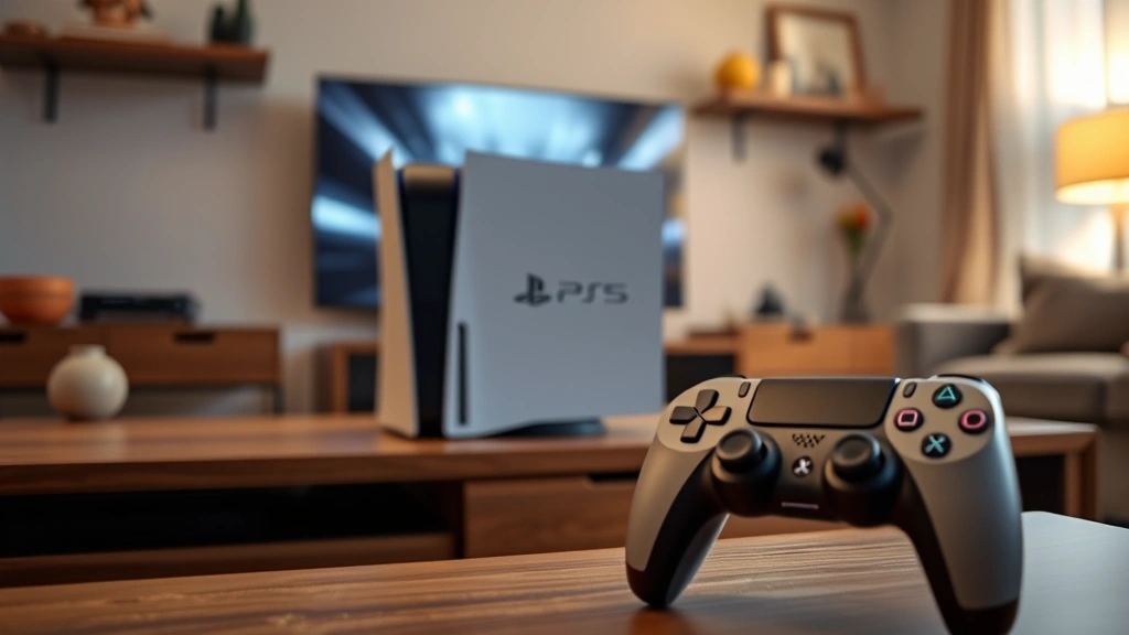 PlayStation 5 console sitting on entertainment center with controller in foreground, warm living room lighting, family-friendly gaming setup, photorealistic