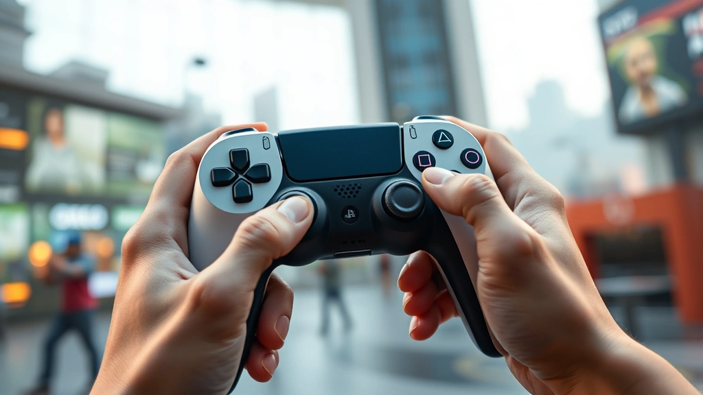 Close-up of PS5 DualSense controller held in hands during gameplay, modern gaming environment, dynamic action pose, photorealistic detail