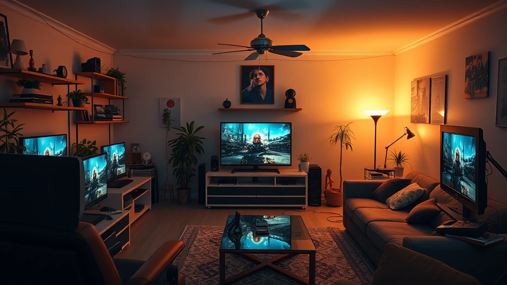 Multiple PS5 gaming setups in different rooms connected through network, showing household gaming ecosystem, warm ambient lighting, photorealistic perspective