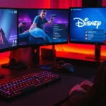 A gamer sitting at a gaming setup with multiple monitors displaying the Epic Games launcher and Disney interface, warm lighting from RGB keyboard, focused expression while navigating account settings