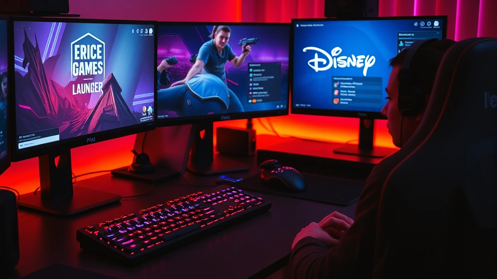 A gamer sitting at a gaming setup with multiple monitors displaying the Epic Games launcher and Disney interface, warm lighting from RGB keyboard, focused expression while navigating account settings