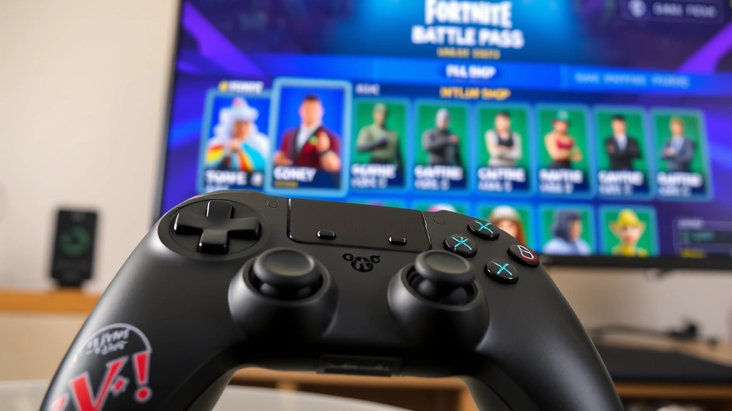 Close-up of a gaming controller with Disney-themed cosmetics visible on a large monitor screen behind it, showing Fortnite battle pass and exclusive Disney character skins in the item shop