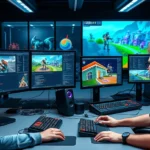 Developers collaborating at computers with multiple monitors showing game development software, colorful 3D models and game scenes visible on screens, professional gaming setup with keyboards and mice, modern office lighting