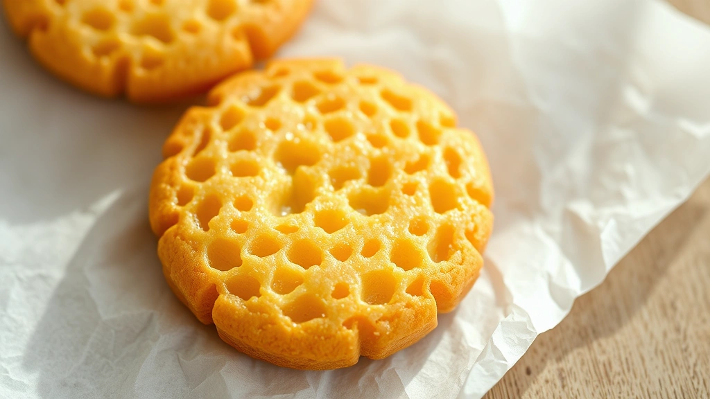 Close-up of golden-brown dalgona cookie with delicate honeycomb texture, light hitting the surface to show the airy bubbles and caramelized color, placed on white parchment paper with soft natural lighting from above, photorealistic detail showing the crispy exterior