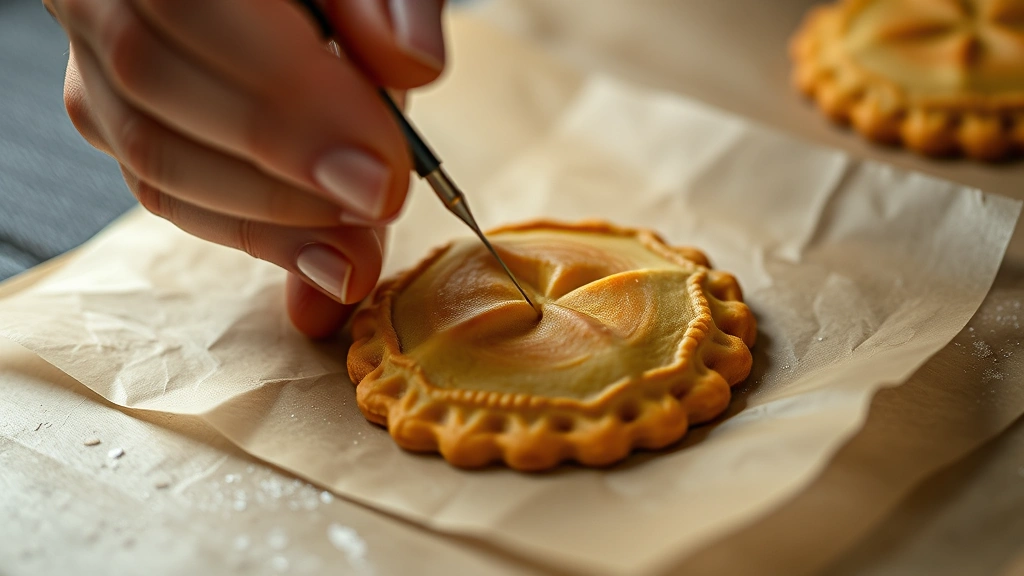 Action shot of hand carefully carving an umbrella shape into a warm dalgona cookie using a fine needle, cookie sitting on parchment paper, showing the precise moment of carving with steam rising, professional kitchen lighting, shallow depth of field focusing on the carving tool and cookie