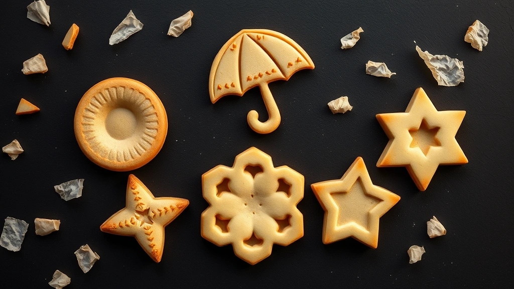 Flat lay overhead shot of five finished dalgona cookies with different carved shapes (circle, triangle, umbrella, star, heart) arranged artfully on dark slate surface with scattered parchment paper pieces, warm golden lighting creating shadows, showcasing the variety and artistry of different designs