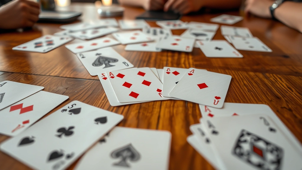 Close-up of playing cards spread across a wooden table in a casual game setting, showing card faces and suits clearly, natural lighting from above, relaxed gaming atmosphere