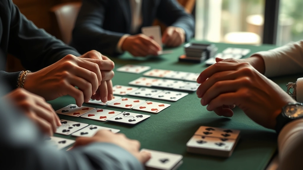 Hands of players arranging cards in rows during an active golf card game, showing strategic card placement and decision-making, warm indoor lighting, focus on cards and hand positioning