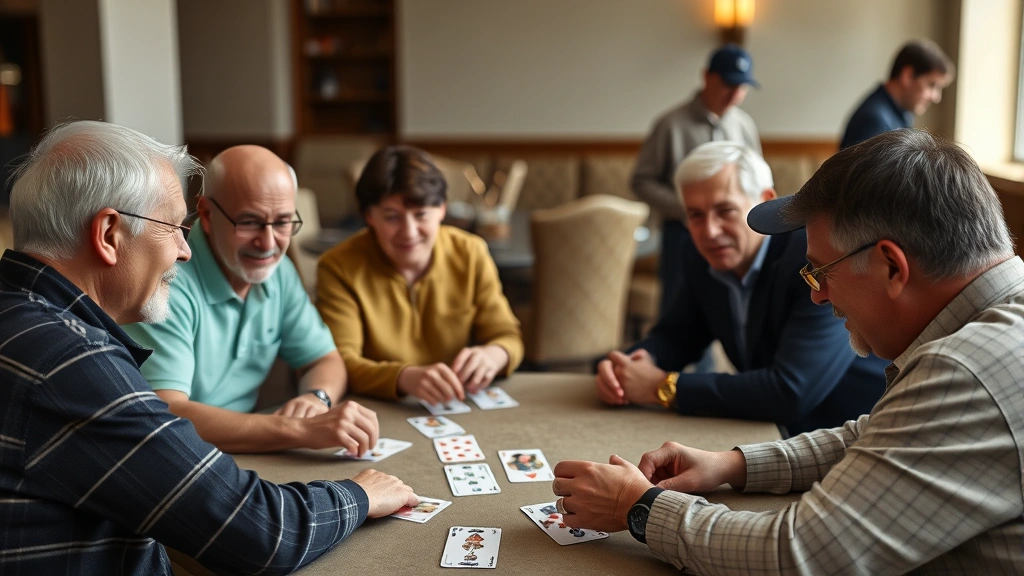 Players gathered around a table celebrating or discussing during a golf card game round, showing engaged faces and cards laid out, natural expressions of friendly competition, indoor setting with good visibility