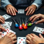 Close-up of hands around a table with playing cards spread and colorful spoons in the center, intense focused expressions, bright natural lighting, shallow depth of field emphasizing the action