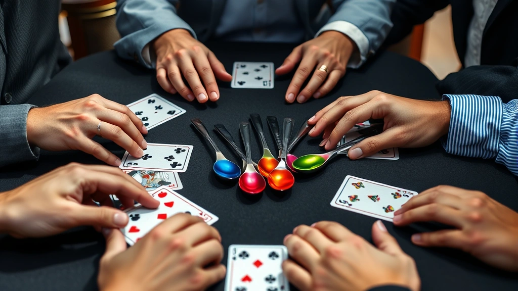 Close-up of hands around a table with playing cards spread and colorful spoons in the center, intense focused expressions, bright natural lighting, shallow depth of field emphasizing the action