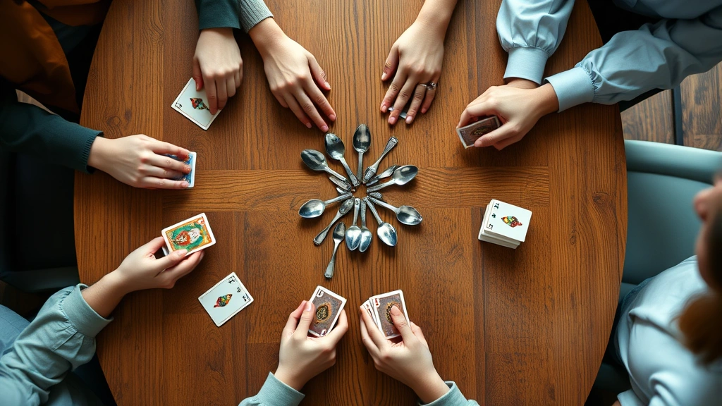Wide overhead shot of four players in mid-game with cards in hands, spoons arranged in center of wooden table, dynamic movement blur showing the fast-paced nature, vibrant gaming atmosphere