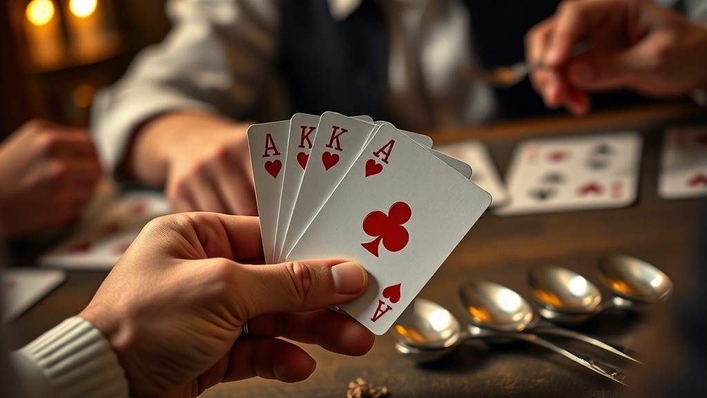 Detail shot of a player's hand holding four matching cards with spoons visible nearby, excited anticipation captured in body language, warm ambient lighting, photorealistic card game scene