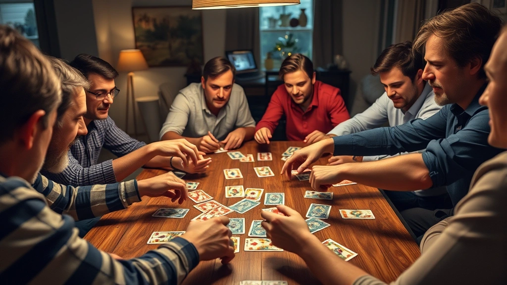 High-energy card game night scene with players around wooden table, colorful playing cards spread out, focused expressions, warm lighting, casual home setting, multiple hands reaching for cards