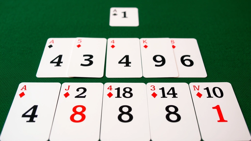 Close-up of numbered card tableau layout showing Ace through 10 cards arranged in sequence, face-up cards with numbers clearly visible, organized arrangement on green felt surface, strategic positioning