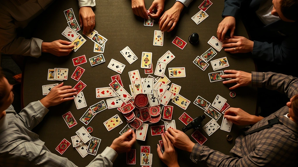Overhead view of active Trash card game in progress, multiple players' hands visible, discard pile and draw pile in center, scattered cards showing game state, dramatic side lighting highlighting card details