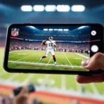Close-up of smartphone displaying NFL game stream with quarterback throwing football, stadium lights blurred in background, modern app interface visible, photorealistic professional sports photography