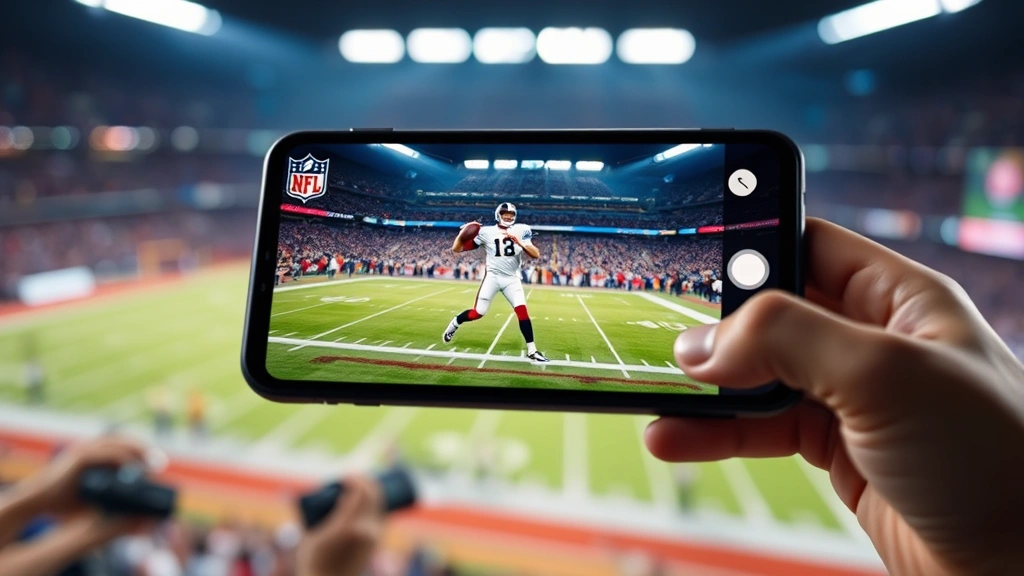 Close-up of smartphone displaying NFL game stream with quarterback throwing football, stadium lights blurred in background, modern app interface visible, photorealistic professional sports photography