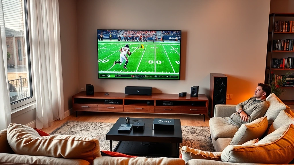 Living room setup with large 4K television streaming live NFL game, comfortable couch with multiple devices nearby, warm lighting, high-quality home entertainment system visible