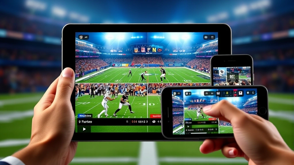 Split-screen view showing multiple NFL games simultaneously on tablet and smartphone devices, action-packed football moments, streaming interface elements, dynamic sports viewing scenario
