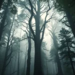 Dramatic forest scene with tall ancient trees creating a natural canopy, misty atmospheric lighting filtering through branches, photorealistic woodland landscape suggesting mystery and refuge
